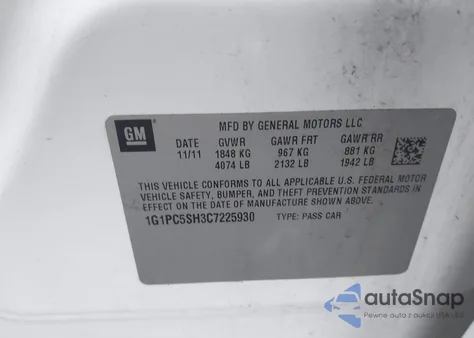 2012 Chevrolet Cruze Ls from USA, damaged, VIN 1G1PC5SH3C7225930